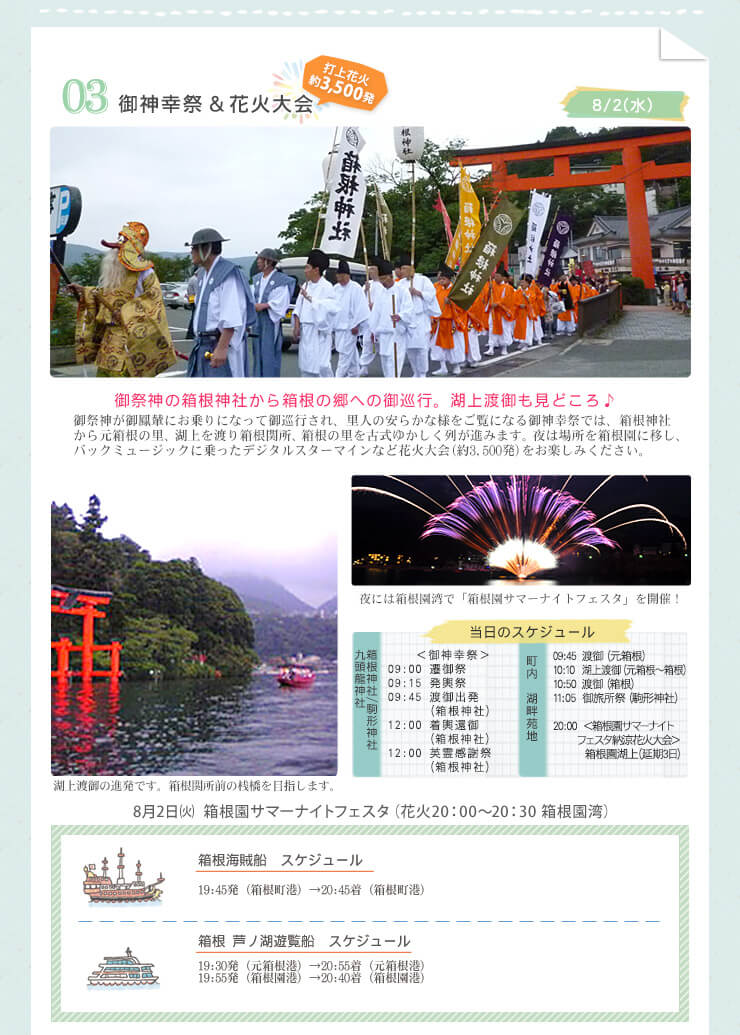 御神幸祭&花火大会 御祭神の箱根神社から箱根の郷への御巡行。湖上渡御も見どころ♪