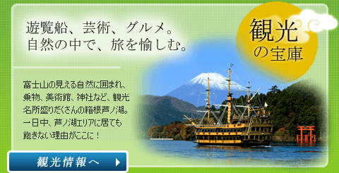 観光の宝庫　遊覧船、芸術、グルメ、自然の中で、旅を愉しむ。富士山の見える自然に囲まれ、乗物、美術館、神社など、観光名所盛りだくさんの箱根芦ノ湖。一日中、芦ノ湖エリアに居ても飽きない理由はここに！